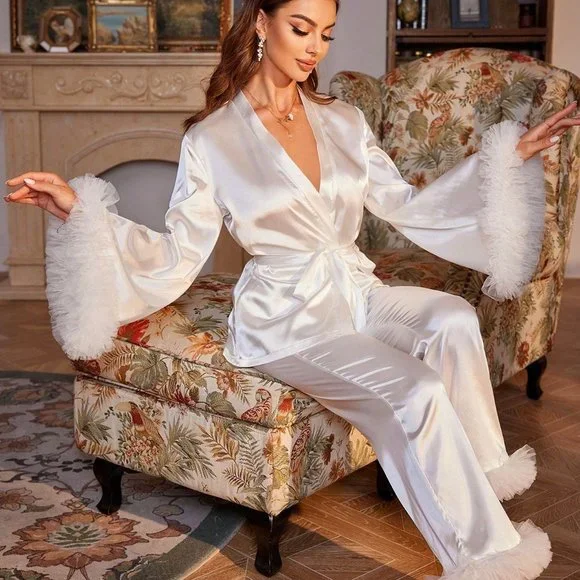 Chic Belted Mesh Cuff PJ Set White - Picture 2 of 5